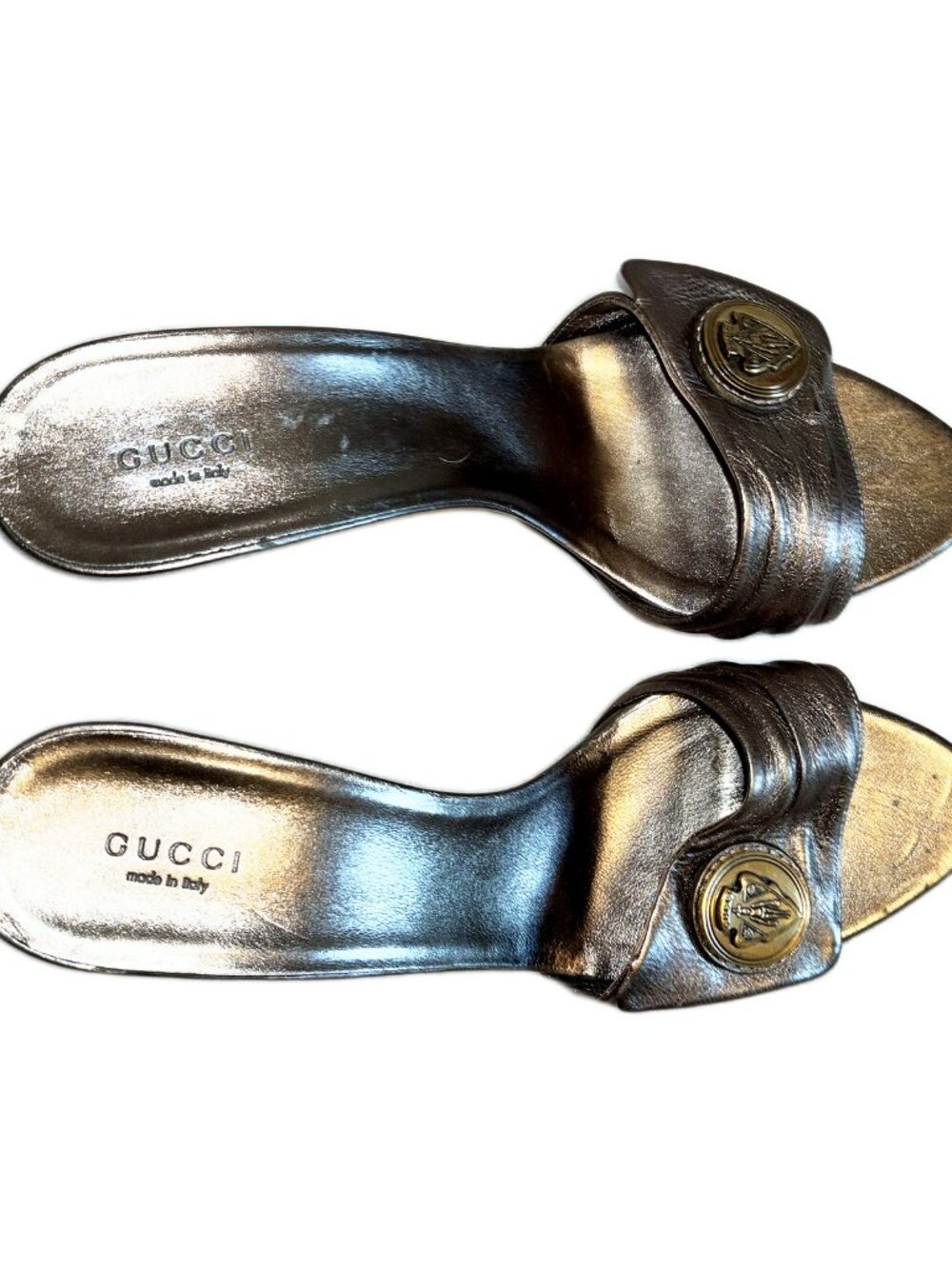 Gucci Hysteria Crest Metallic Bronze Pewter Mule Heel Sz 10 B with Box